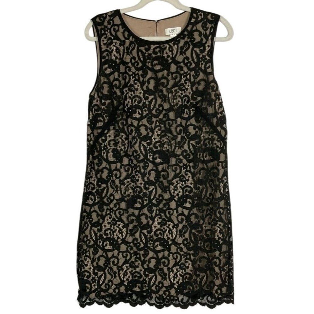 LOFT Black Floral Lace Tan Lined Sleeveless Slip Sheath Dress, size 12